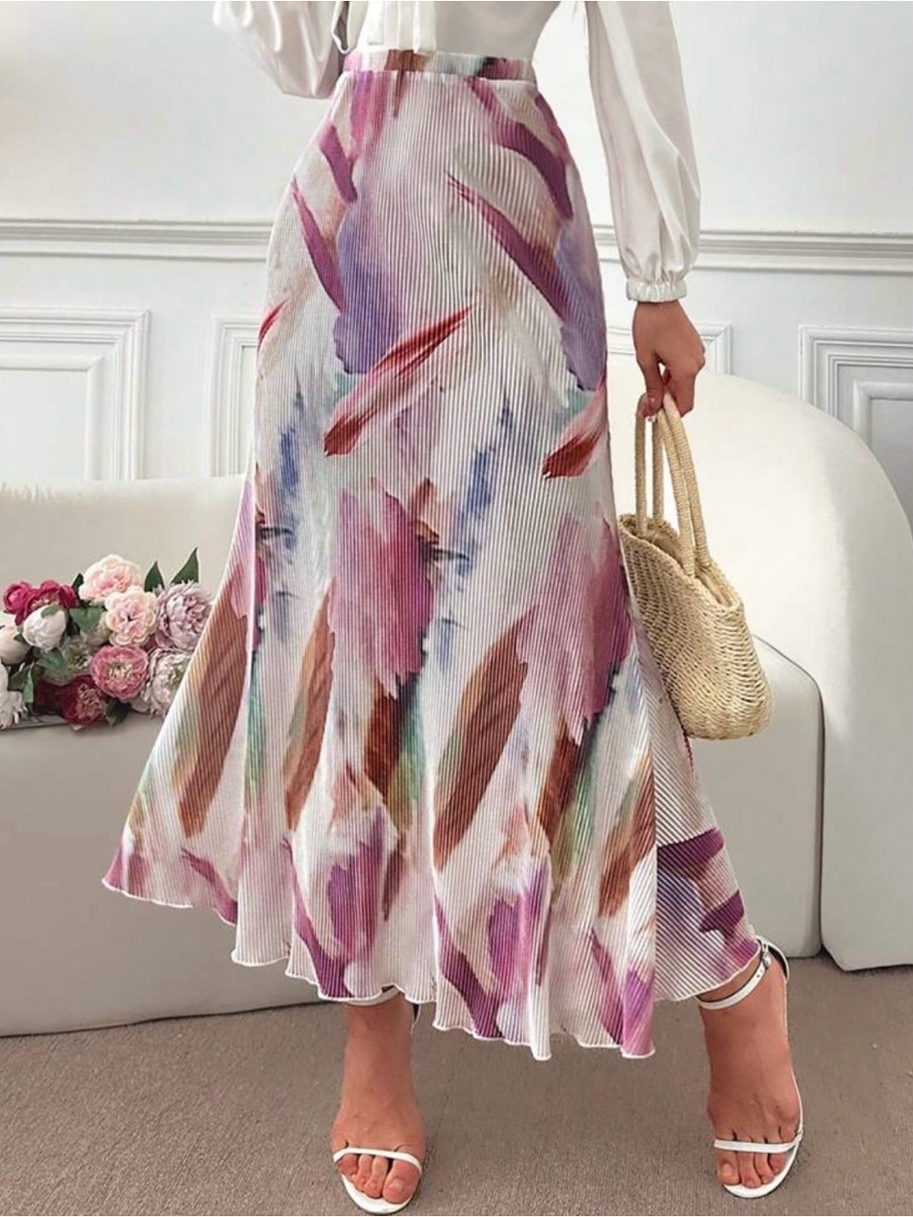 SHEIN Floral Pleated Abstract Print Midi Skirt Colorful Flowy